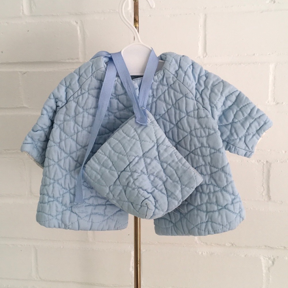Vintage Handmade 15”-17” Doll Outfit Light Blue Quilted Coat With Matching Hat